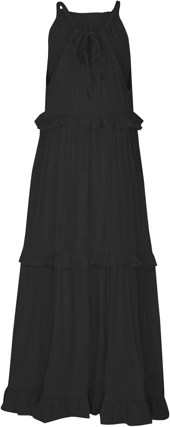 Smocked Dress Women Summer Sleeveless Tank Dresses Halter Tie Back Flowy Ruffle Tiered Maxi Dress with Pockets