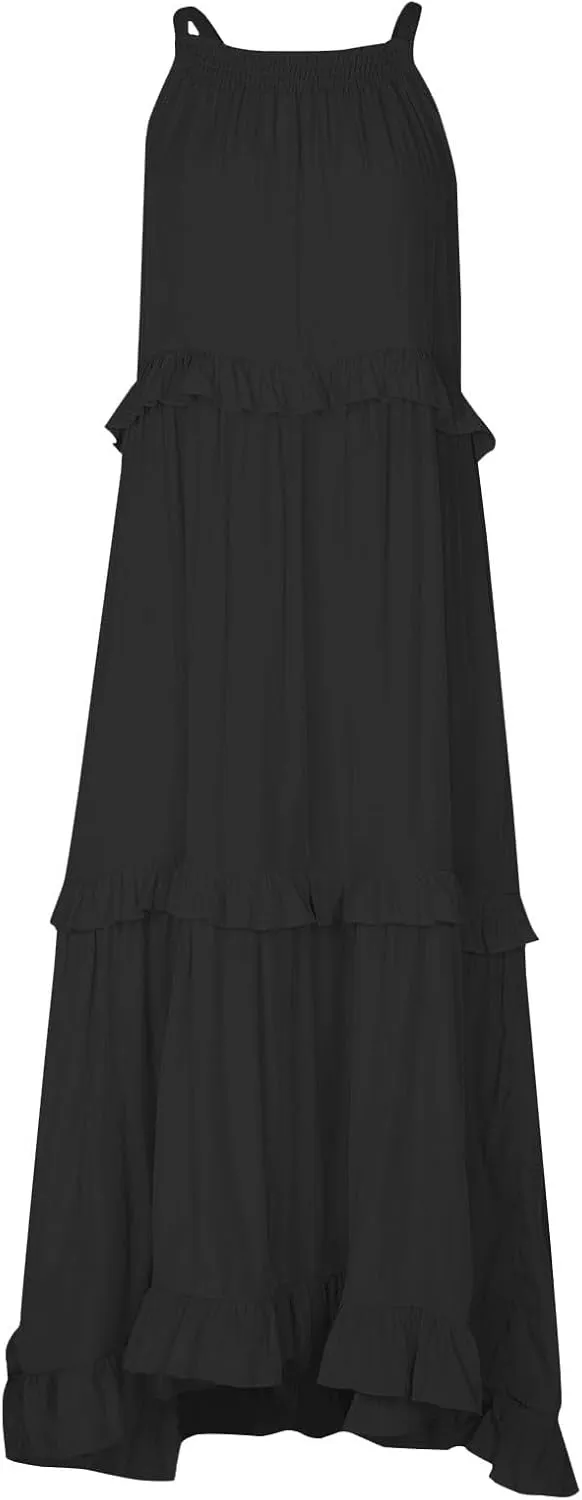 Smocked Dress Women Summer Sleeveless Tank Dresses Halter Tie Back Flowy Ruffle Tiered Maxi Dress with Pockets
