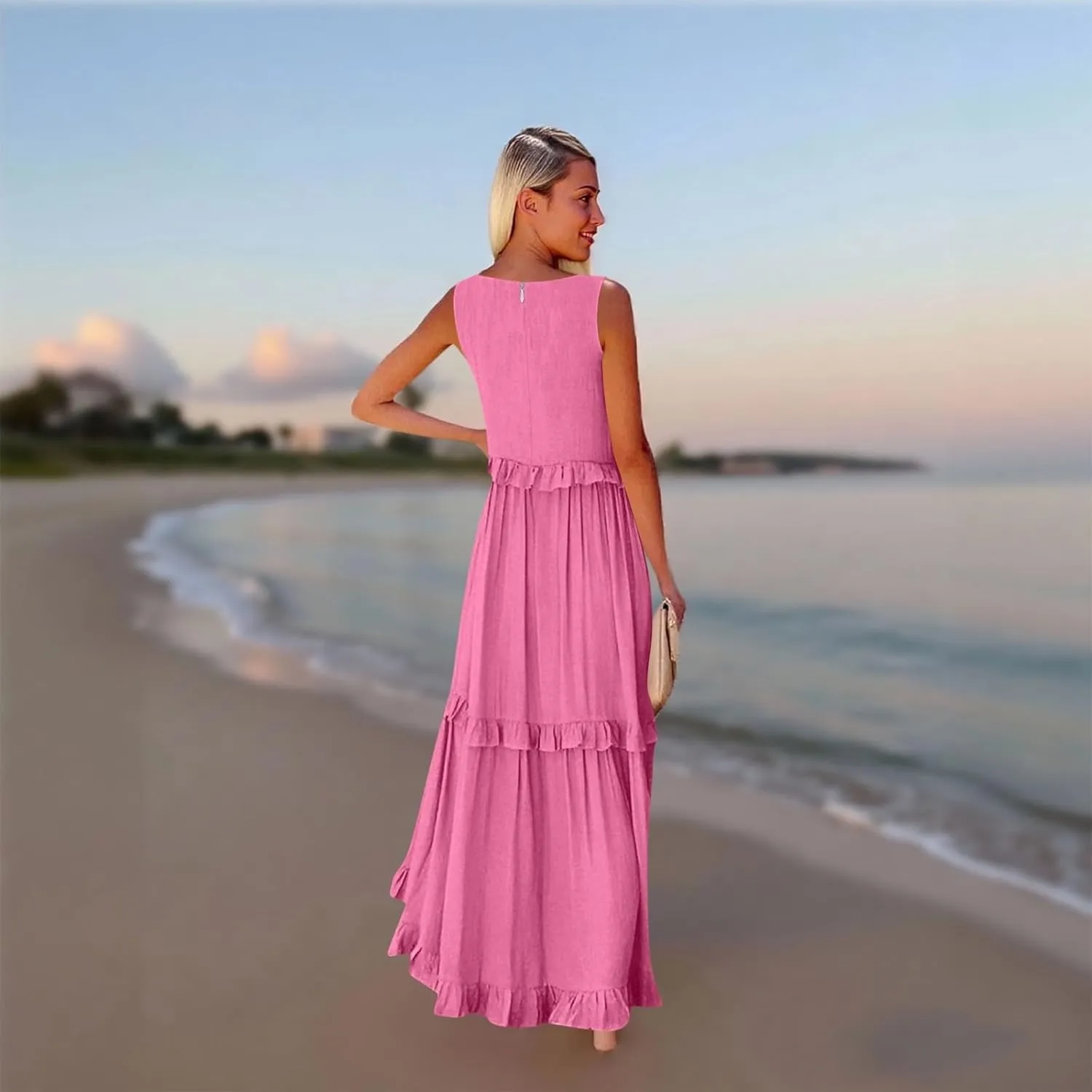 Smocked Dress Women Summer Sleeveless Tank Dresses Halter Tie Back Flowy Ruffle Tiered Maxi Dress with Pockets