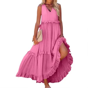 Smocked Dress Women Summer Sleeveless Tank Dresses Halter Tie Back Flowy Ruffle Tiered Maxi Dress with Pockets
