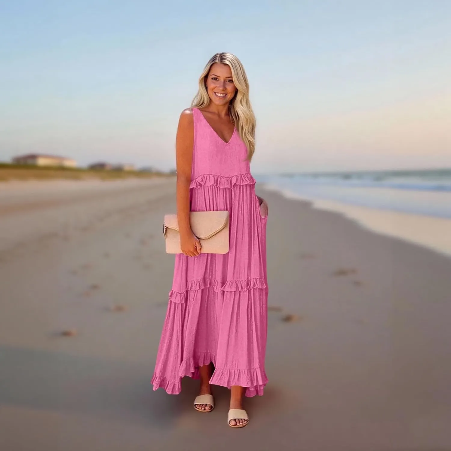 Smocked Dress Women Summer Sleeveless Tank Dresses Halter Tie Back Flowy Ruffle Tiered Maxi Dress with Pockets