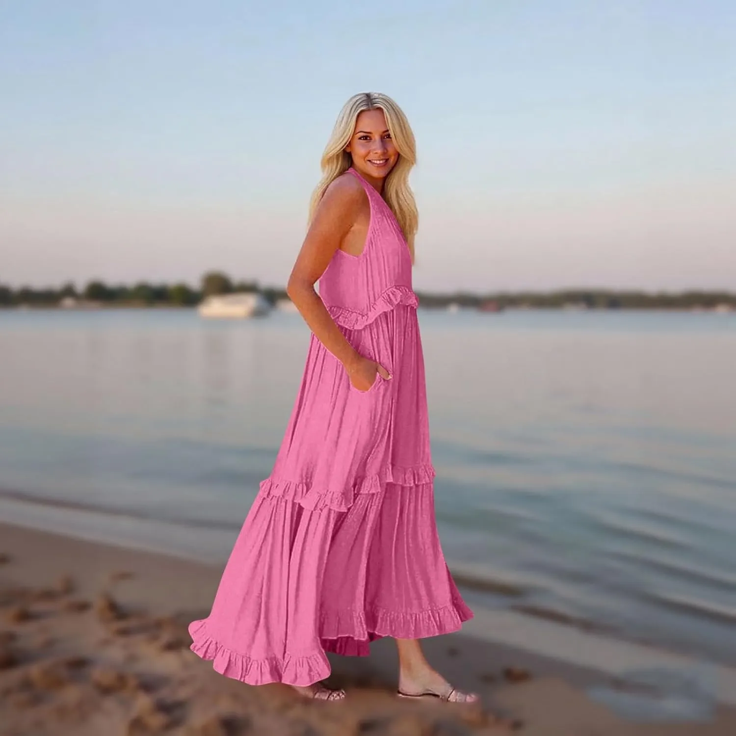 Smocked Dress Women Summer Sleeveless Tank Dresses Halter Tie Back Flowy Ruffle Tiered Maxi Dress with Pockets