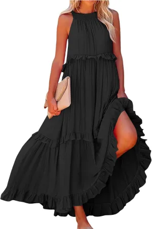 Smocked Dress Women Summer Sleeveless Tank Dresses Halter Tie Back Flowy Ruffle Tiered Maxi Dress with Pockets