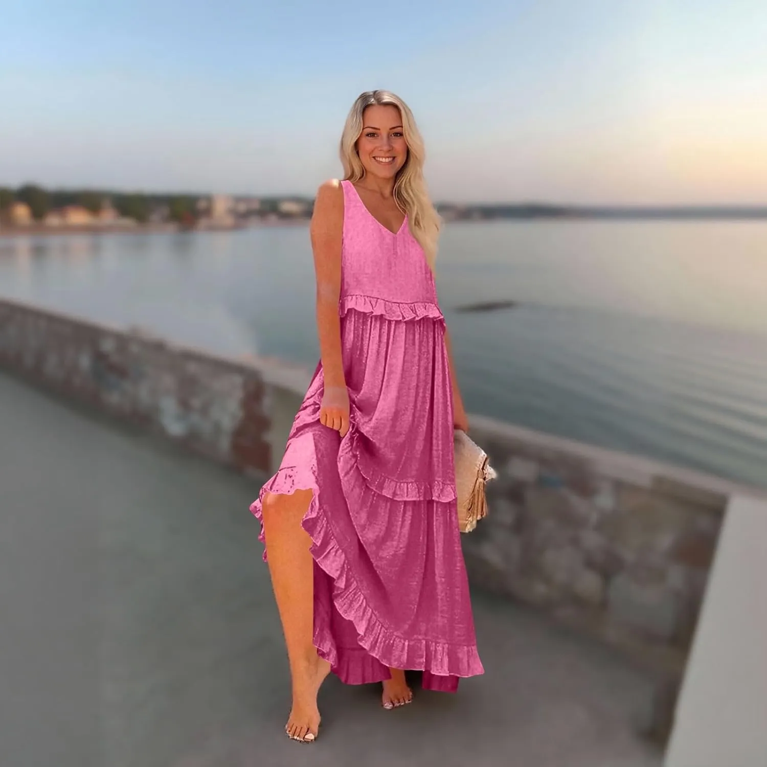 Smocked Dress Women Summer Sleeveless Tank Dresses Halter Tie Back Flowy Ruffle Tiered Maxi Dress with Pockets