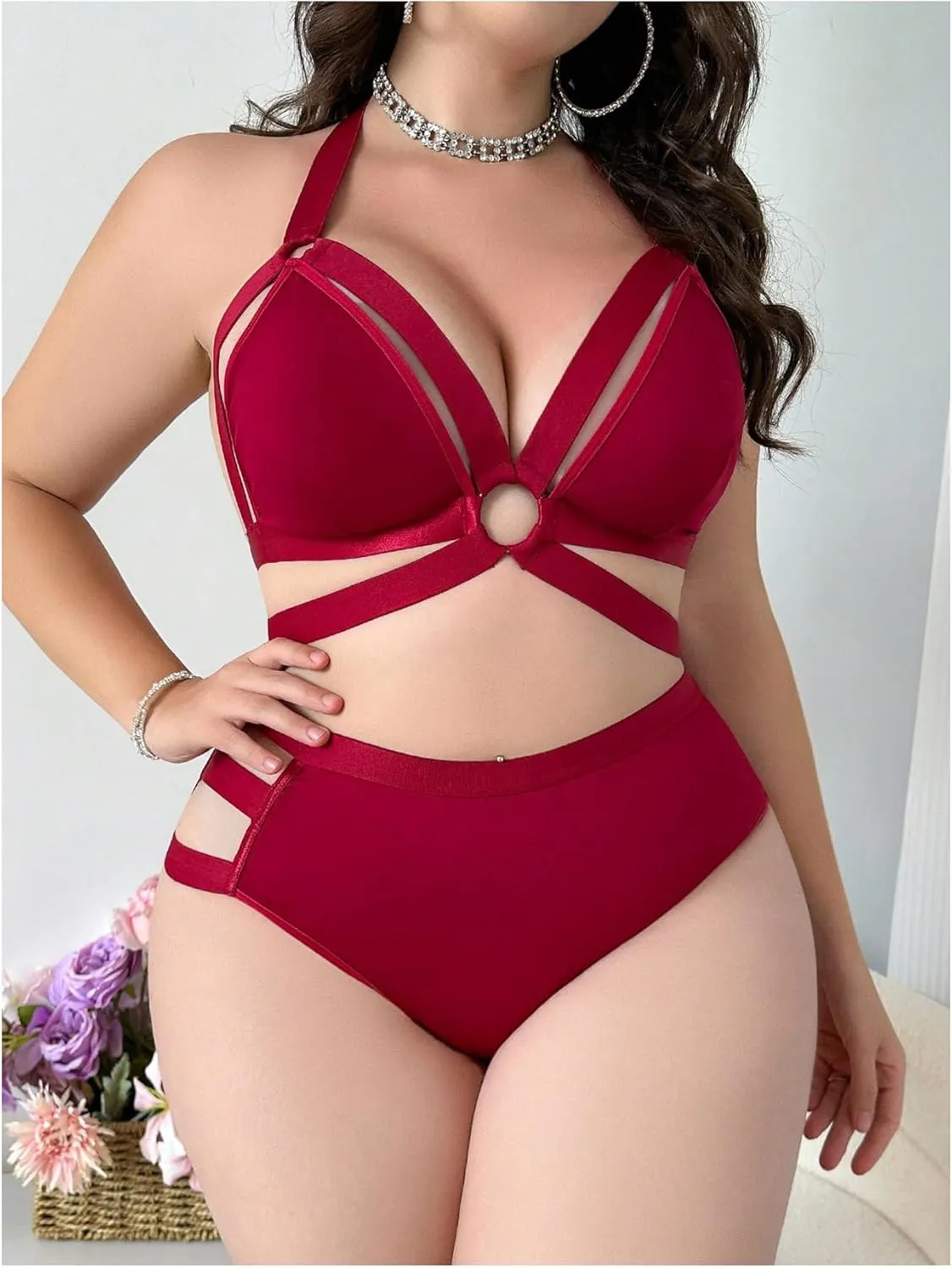SOLY HUX Women's Plus Size Cutout Sexy Lingerie Set 2 Piece Matching Bra and Panty Sets