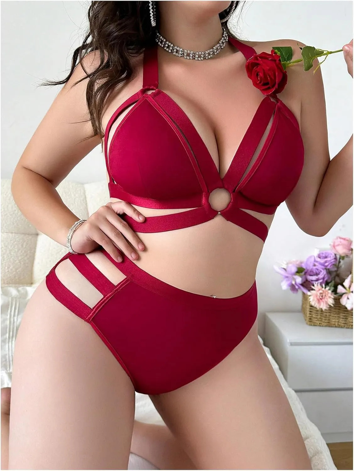 SOLY HUX Women's Plus Size Cutout Sexy Lingerie Set 2 Piece Matching Bra and Panty Sets