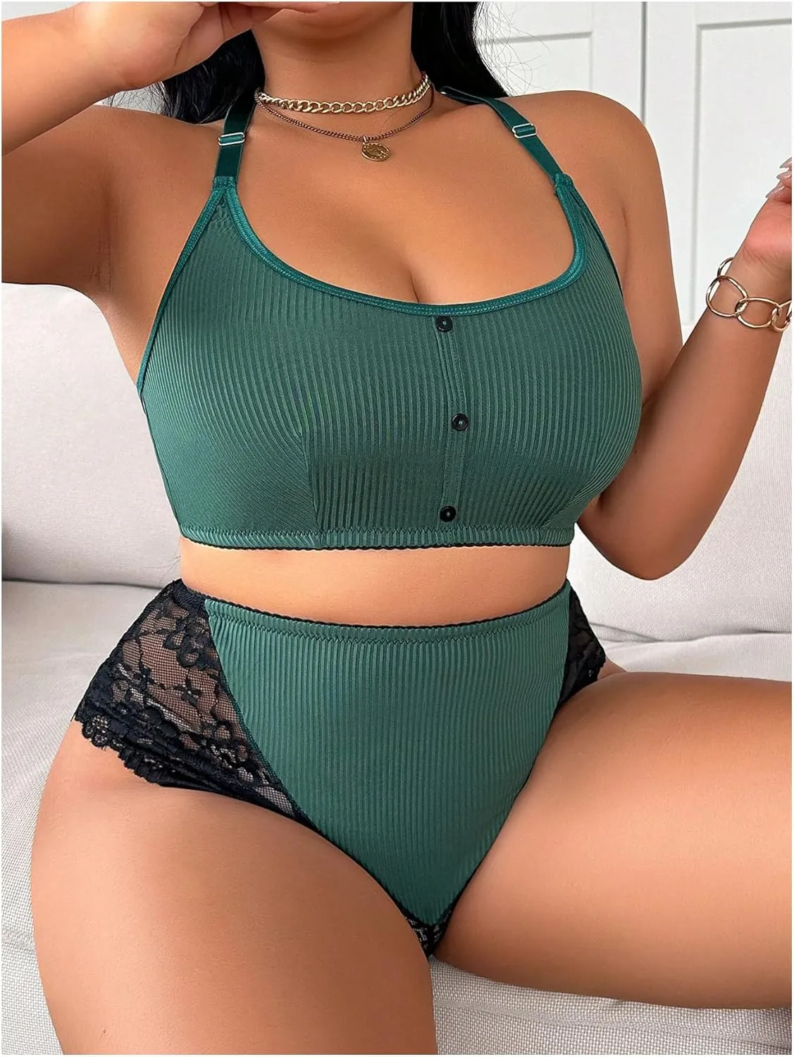 SOLY HUX Women's Plus Size Lingerie Set Lace Bra and High Waisted Briefs Underwear Sets