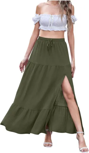 Spring Maxi Skirts for Women Trendy High Waisted Side Slit Pleated Skirt Casual Stretch Flowy Swing A Line Long Skirt