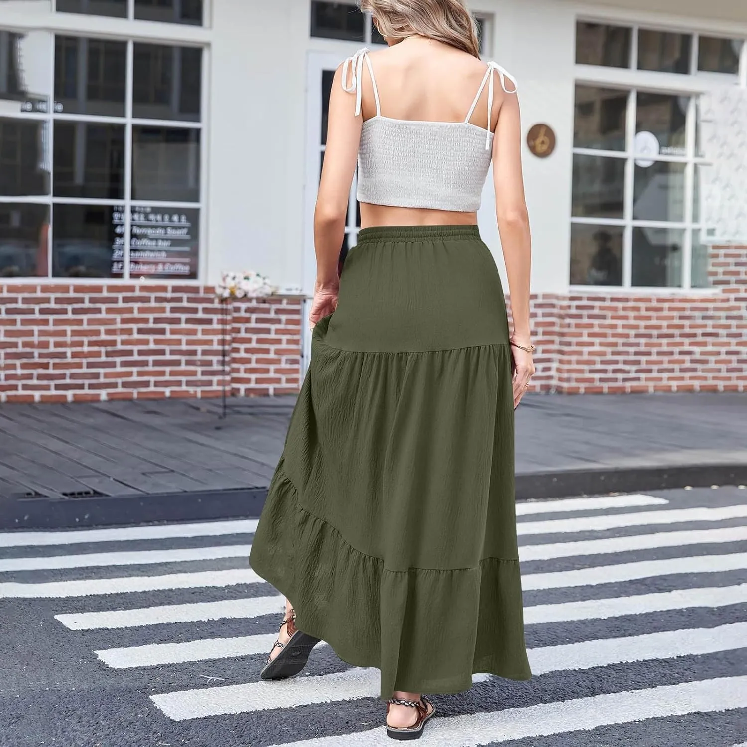 Spring Maxi Skirts for Women Trendy High Waisted Side Slit Pleated Skirt Casual Stretch Flowy Swing A Line Long Skirt