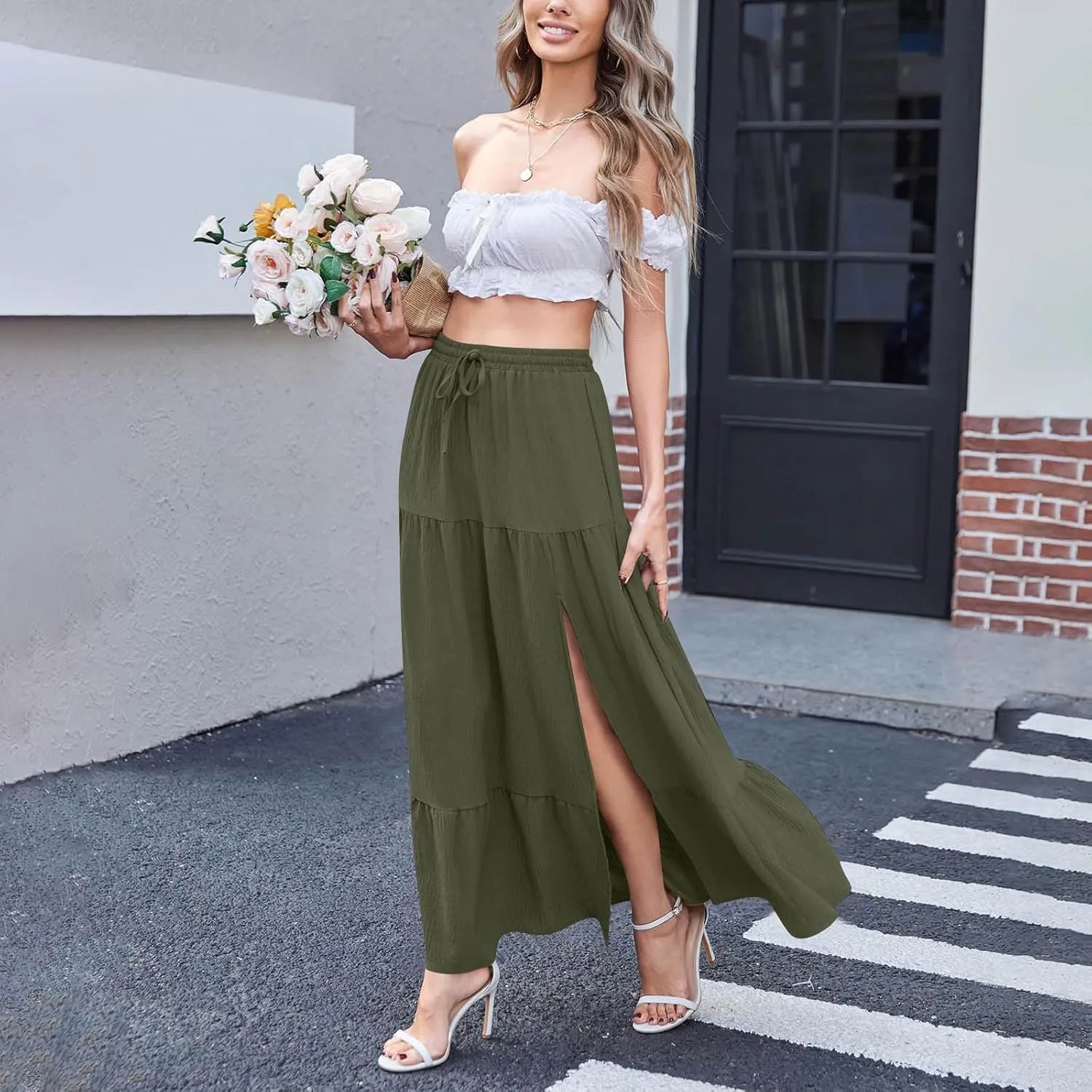 Spring Maxi Skirts for Women Trendy High Waisted Side Slit Pleated Skirt Casual Stretch Flowy Swing A Line Long Skirt