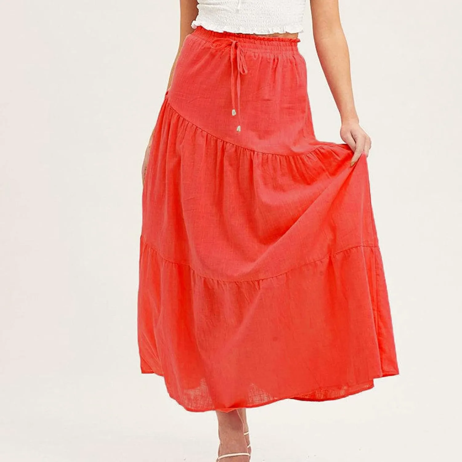 Summer Cotton Linen Midi Skirt Womens Flowy Tiered Ruffle A-Line Skirts Casual Elastic High Waist Swing Long Skirt