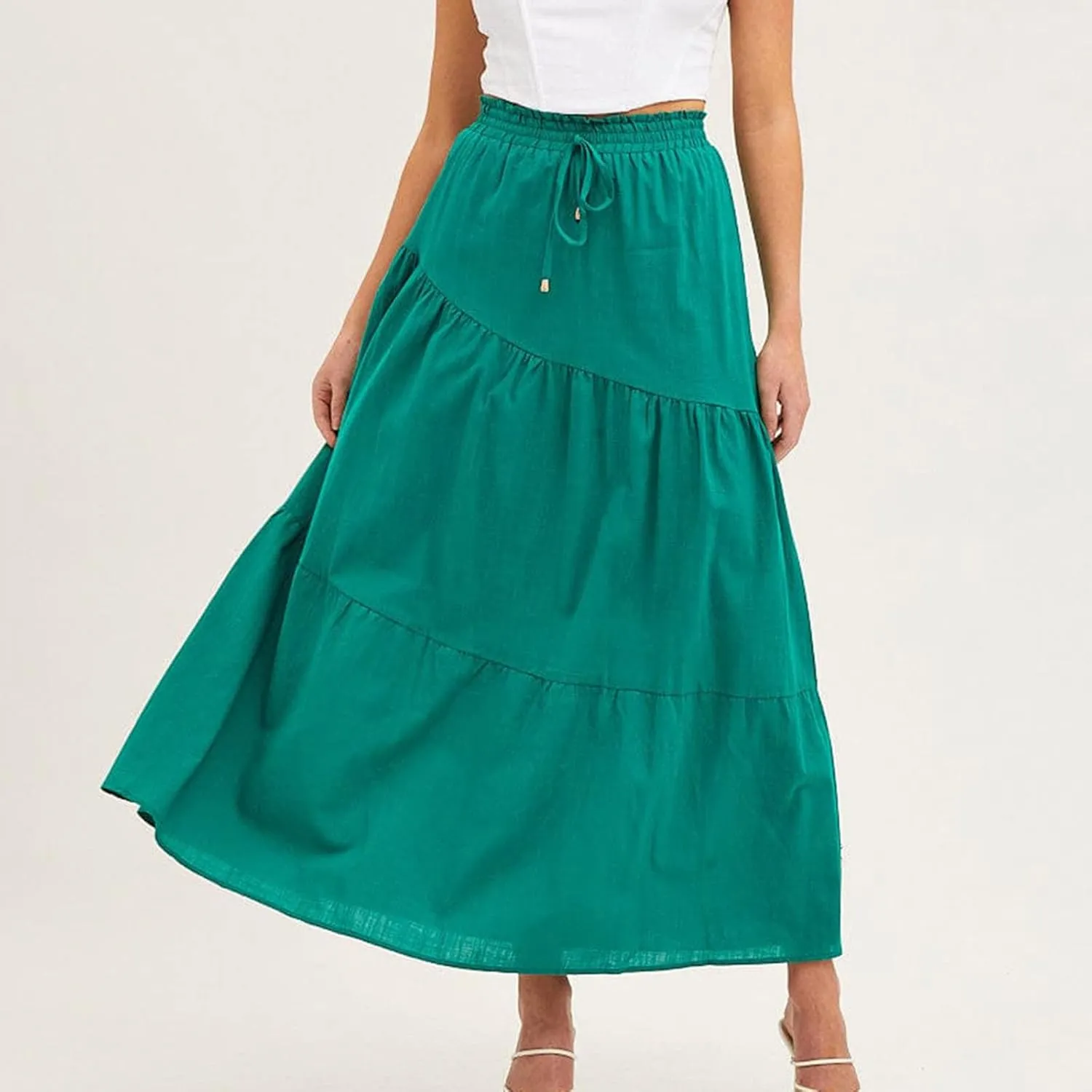 Summer Cotton Linen Midi Skirt Womens Flowy Tiered Ruffle A-Line Skirts Casual Elastic High Waist Swing Long Skirt