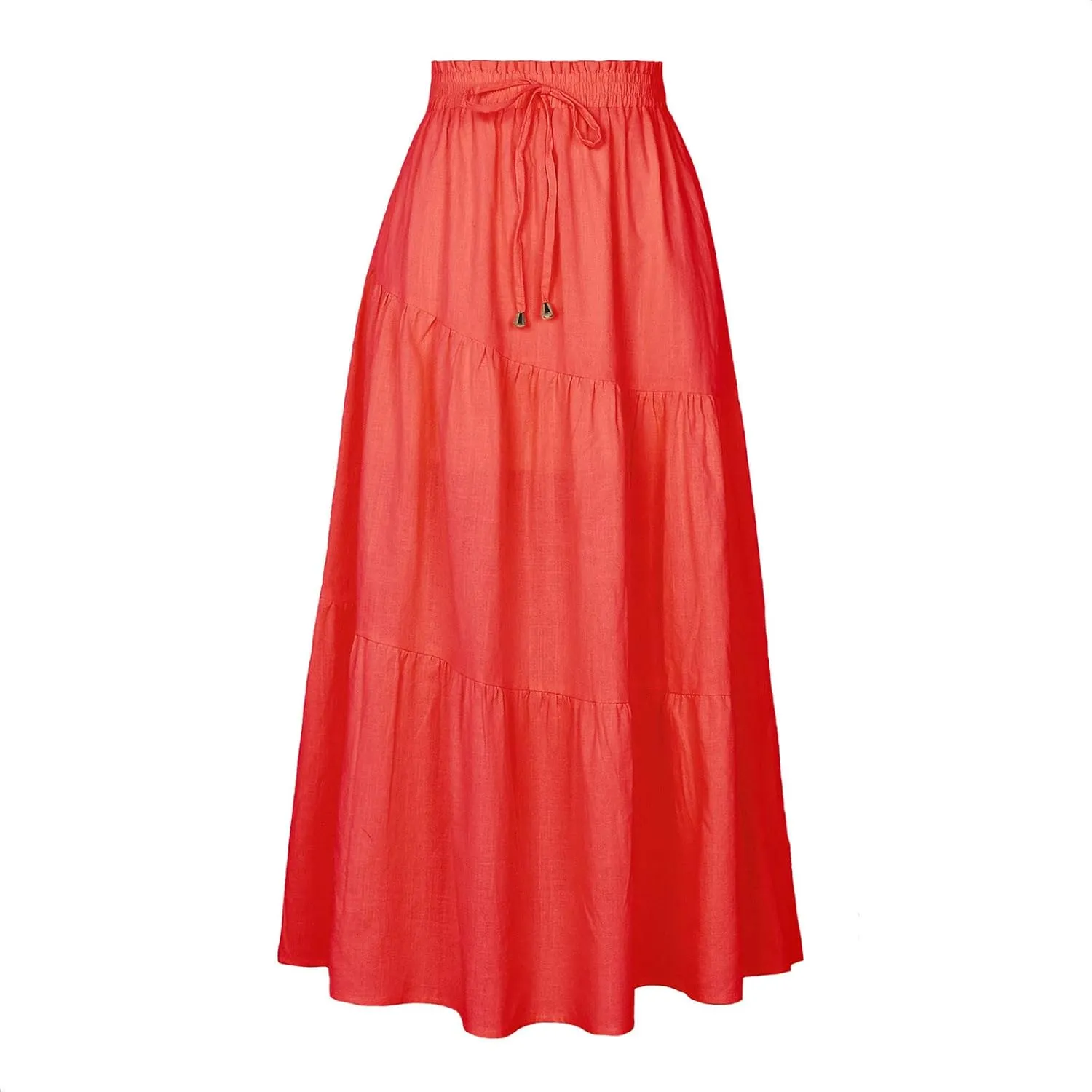 Summer Cotton Linen Midi Skirt Womens Flowy Tiered Ruffle A-Line Skirts Casual Elastic High Waist Swing Long Skirt