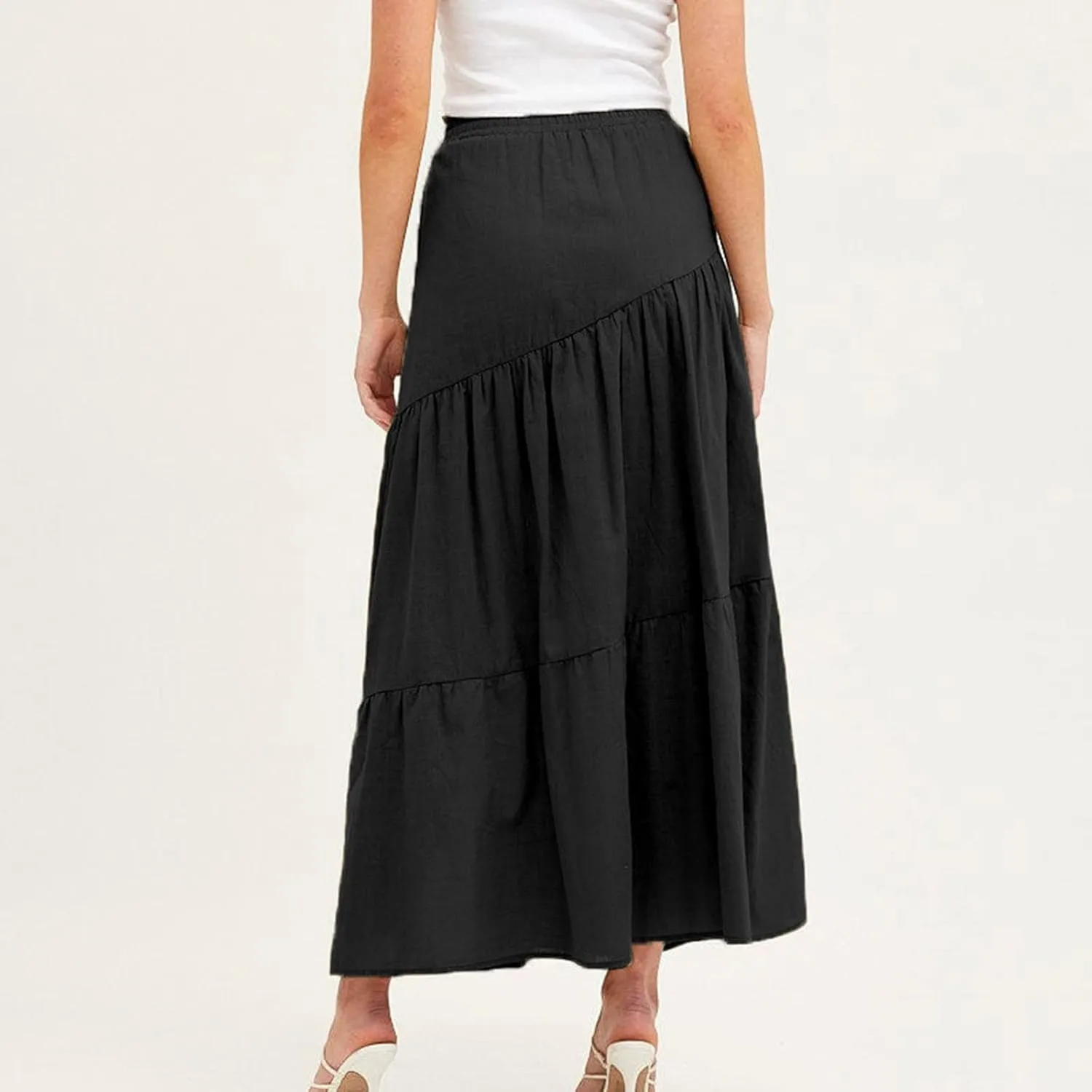 Summer Cotton Linen Midi Skirt Womens Flowy Tiered Ruffle A-Line Skirts Casual Elastic High Waist Swing Long Skirt