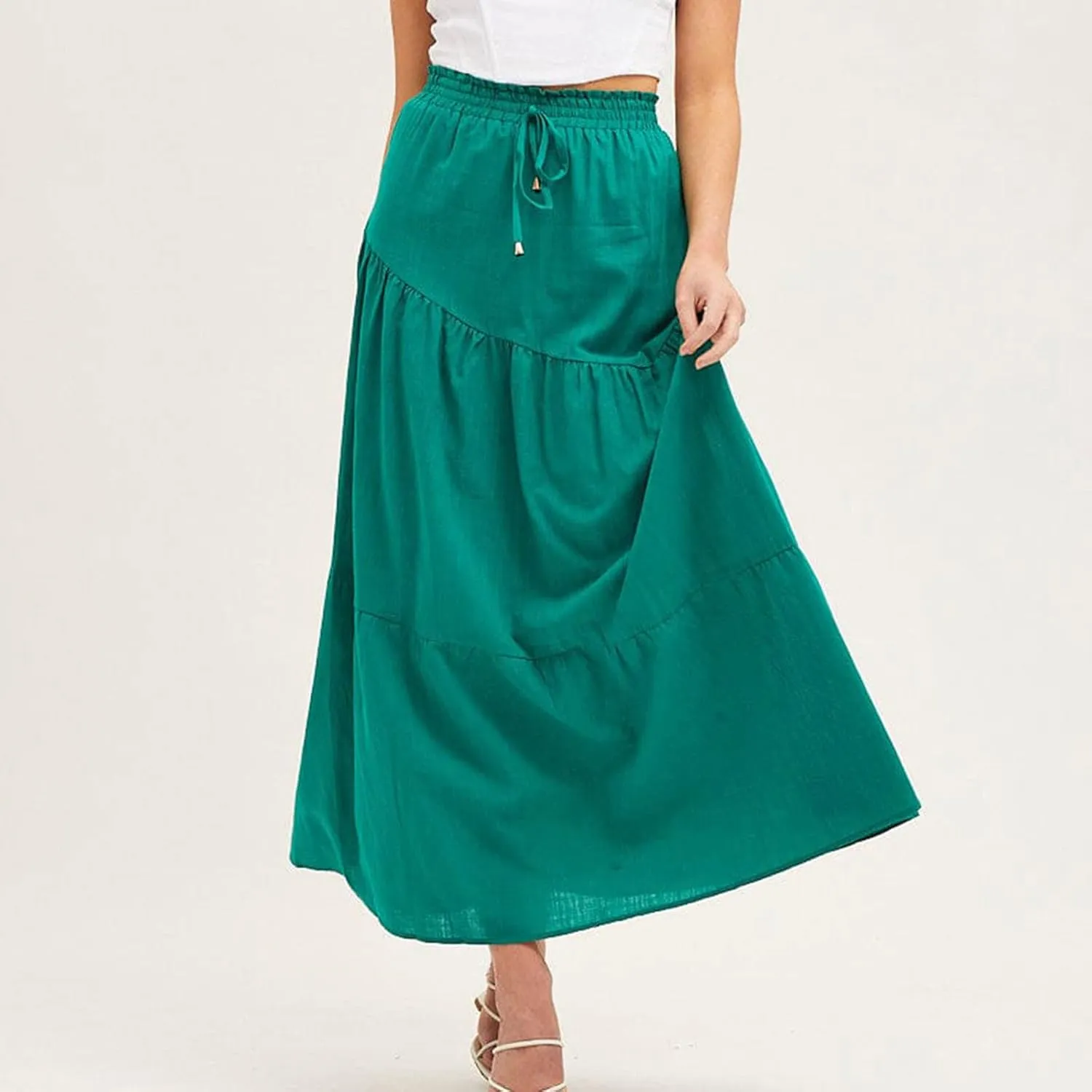 Summer Cotton Linen Midi Skirt Womens Flowy Tiered Ruffle A-Line Skirts Casual Elastic High Waist Swing Long Skirt