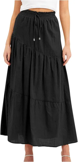 Summer Cotton Linen Midi Skirt Womens Flowy Tiered Ruffle A-Line Skirts Casual Elastic High Waist Swing Long Skirt