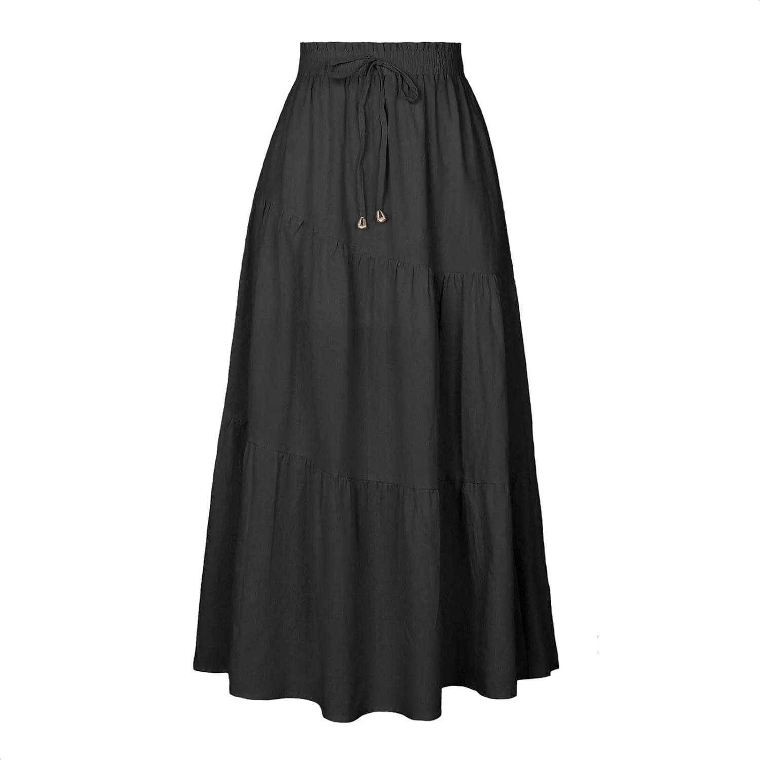 Summer Cotton Linen Midi Skirt Womens Flowy Tiered Ruffle A-Line Skirts Casual Elastic High Waist Swing Long Skirt