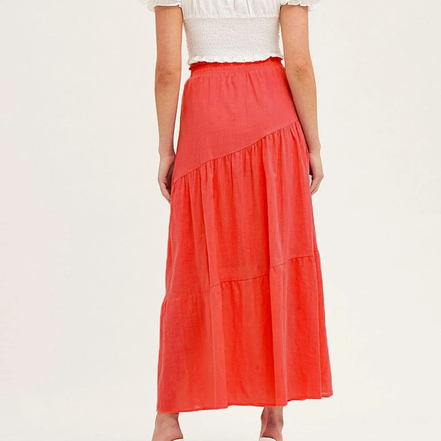 Summer Cotton Linen Midi Skirt Womens Flowy Tiered Ruffle A-Line Skirts Casual Elastic High Waist Swing Long Skirt