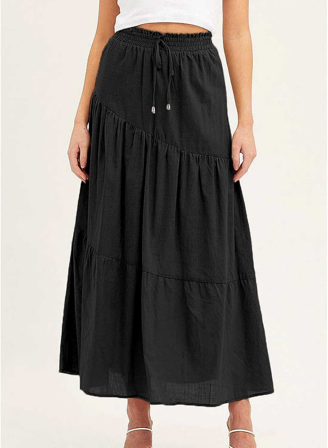 Summer Cotton Linen Midi Skirt Womens Flowy Tiered Ruffle A-Line Skirts Casual Elastic High Waist Swing Long Skirt