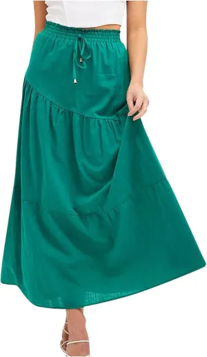 Summer Cotton Linen Midi Skirt Womens Flowy Tiered Ruffle A-Line Skirts Casual Elastic High Waist Swing Long Skirt