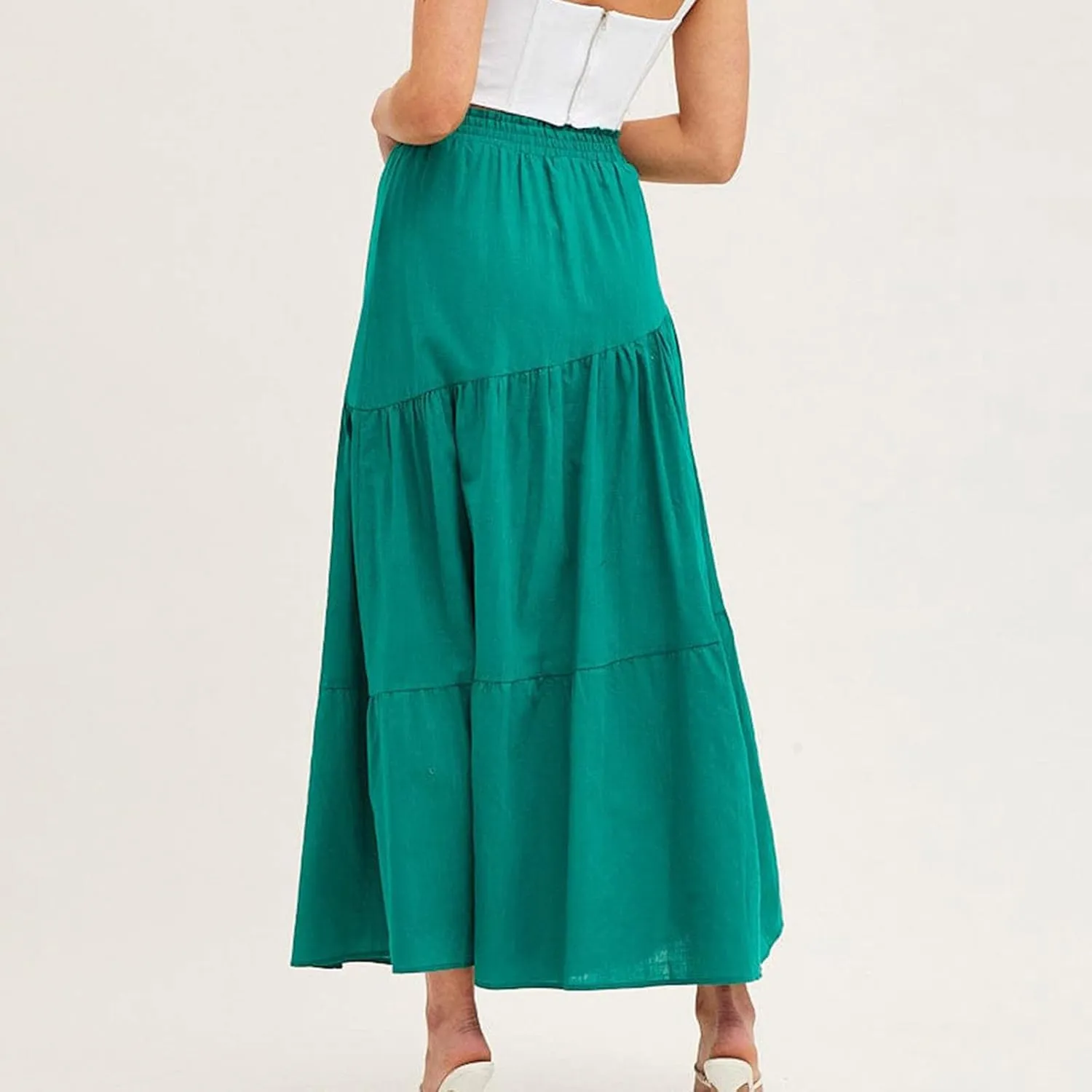 Summer Cotton Linen Midi Skirt Womens Flowy Tiered Ruffle A-Line Skirts Casual Elastic High Waist Swing Long Skirt