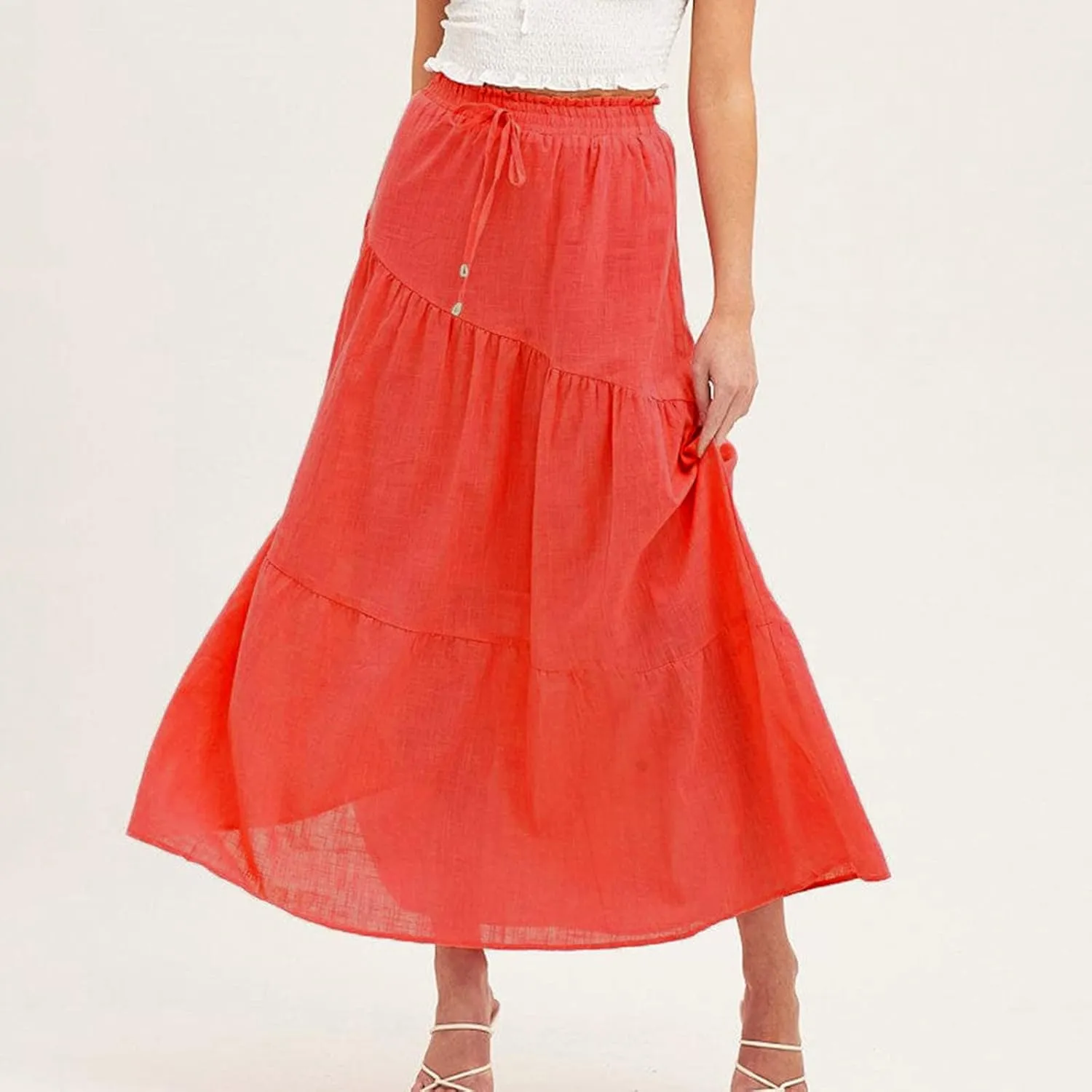 Summer Cotton Linen Midi Skirt Womens Flowy Tiered Ruffle A-Line Skirts Casual Elastic High Waist Swing Long Skirt