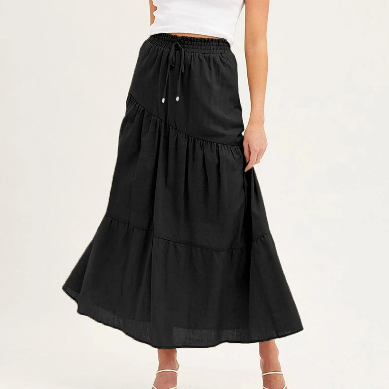 Summer Cotton Linen Midi Skirt Womens Flowy Tiered Ruffle A-Line Skirts Casual Elastic High Waist Swing Long Skirt