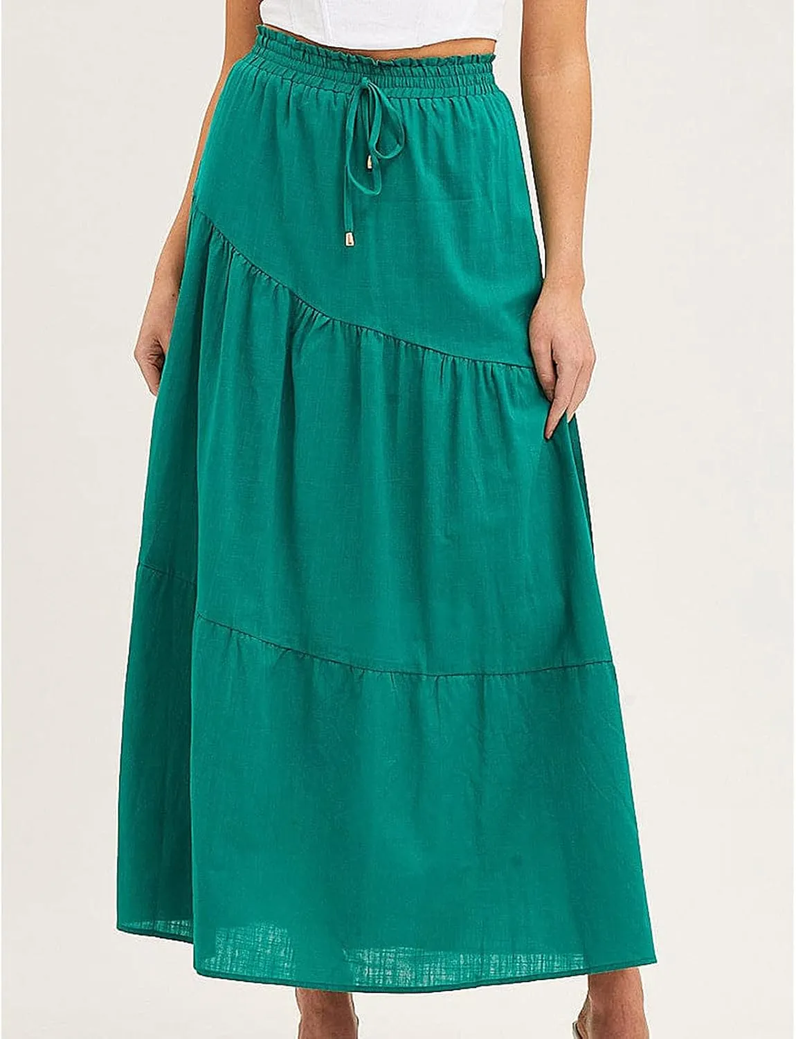 Summer Cotton Linen Midi Skirt Womens Flowy Tiered Ruffle A-Line Skirts Casual Elastic High Waist Swing Long Skirt