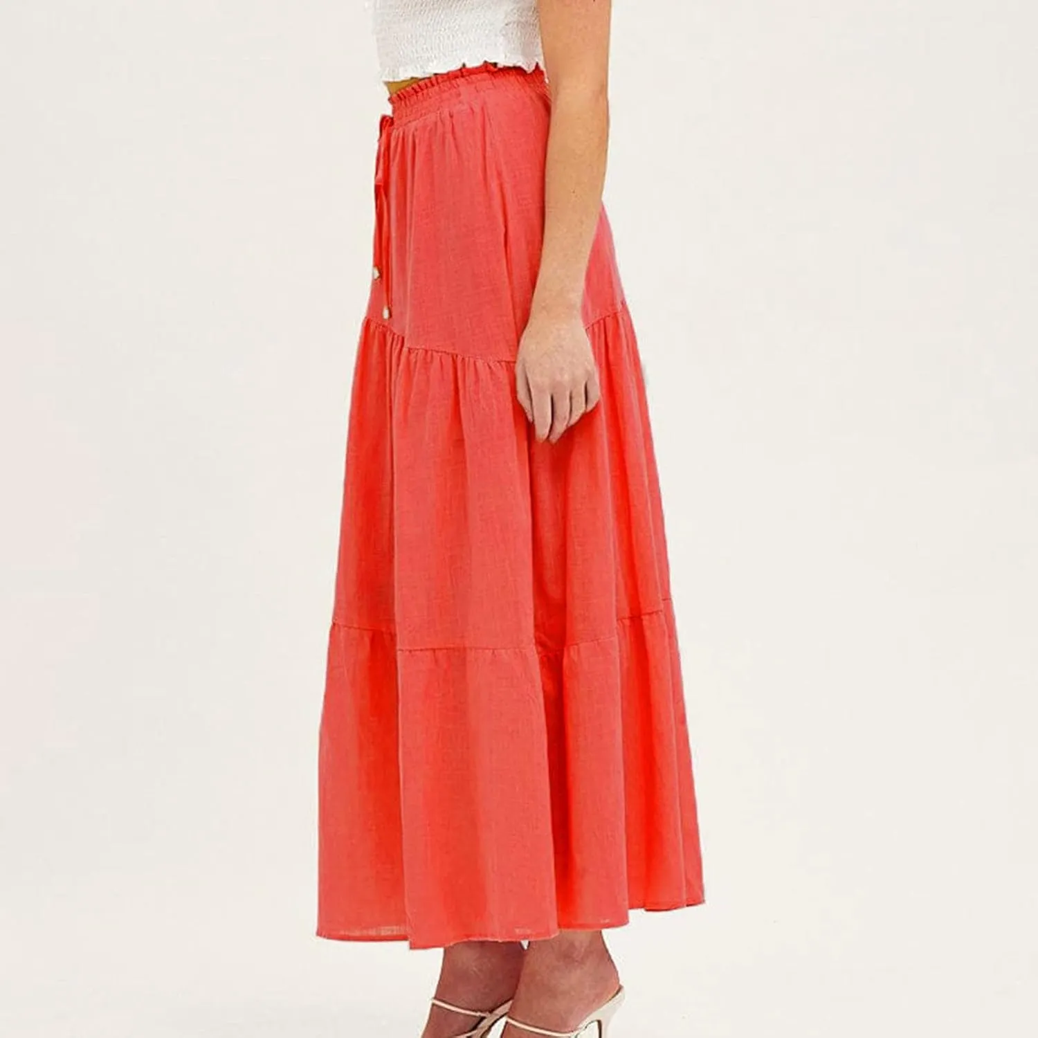 Summer Cotton Linen Midi Skirt Womens Flowy Tiered Ruffle A-Line Skirts Casual Elastic High Waist Swing Long Skirt