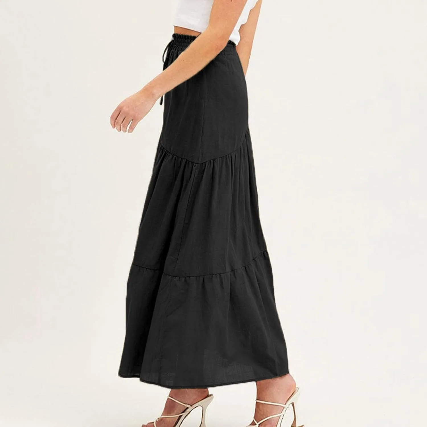 Summer Cotton Linen Midi Skirt Womens Flowy Tiered Ruffle A-Line Skirts Casual Elastic High Waist Swing Long Skirt