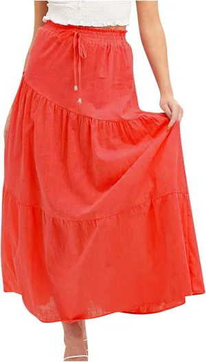 Summer Cotton Linen Midi Skirt Womens Flowy Tiered Ruffle A-Line Skirts Casual Elastic High Waist Swing Long Skirt