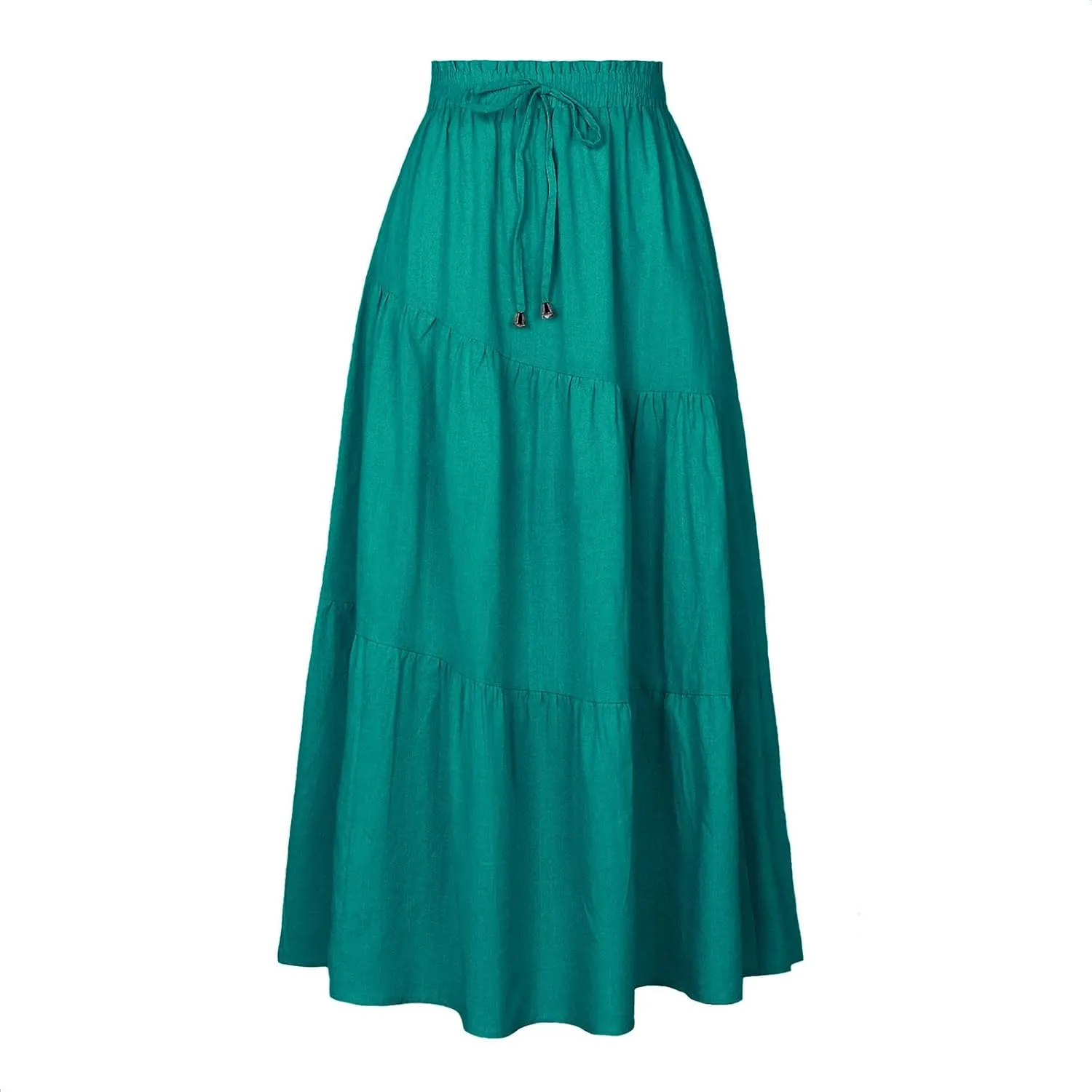 Summer Cotton Linen Midi Skirt Womens Flowy Tiered Ruffle A-Line Skirts Casual Elastic High Waist Swing Long Skirt