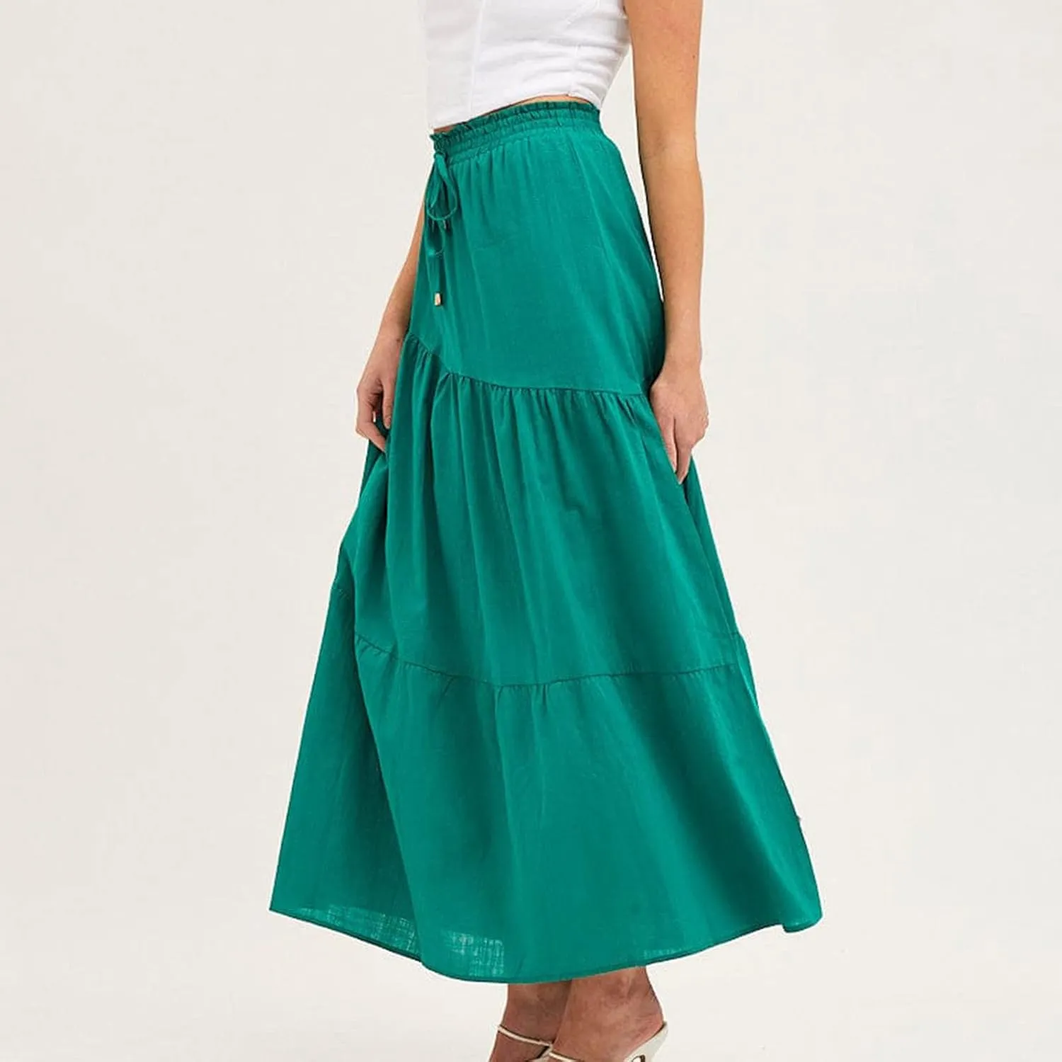 Summer Cotton Linen Midi Skirt Womens Flowy Tiered Ruffle A-Line Skirts Casual Elastic High Waist Swing Long Skirt
