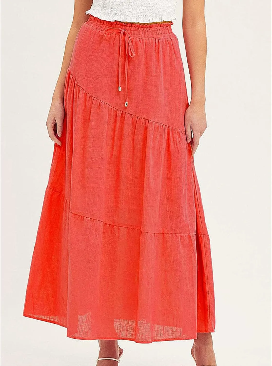 Summer Cotton Linen Midi Skirt Womens Flowy Tiered Ruffle A-Line Skirts Casual Elastic High Waist Swing Long Skirt