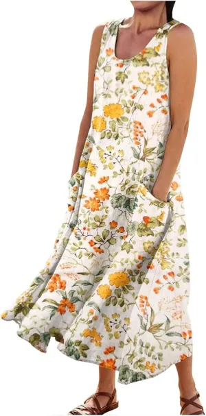Summer Dresses 2024 Sleeveless Maxi Dress Round Neck Flowy Dress with Two Large Pockets Casual Sundresses for Women