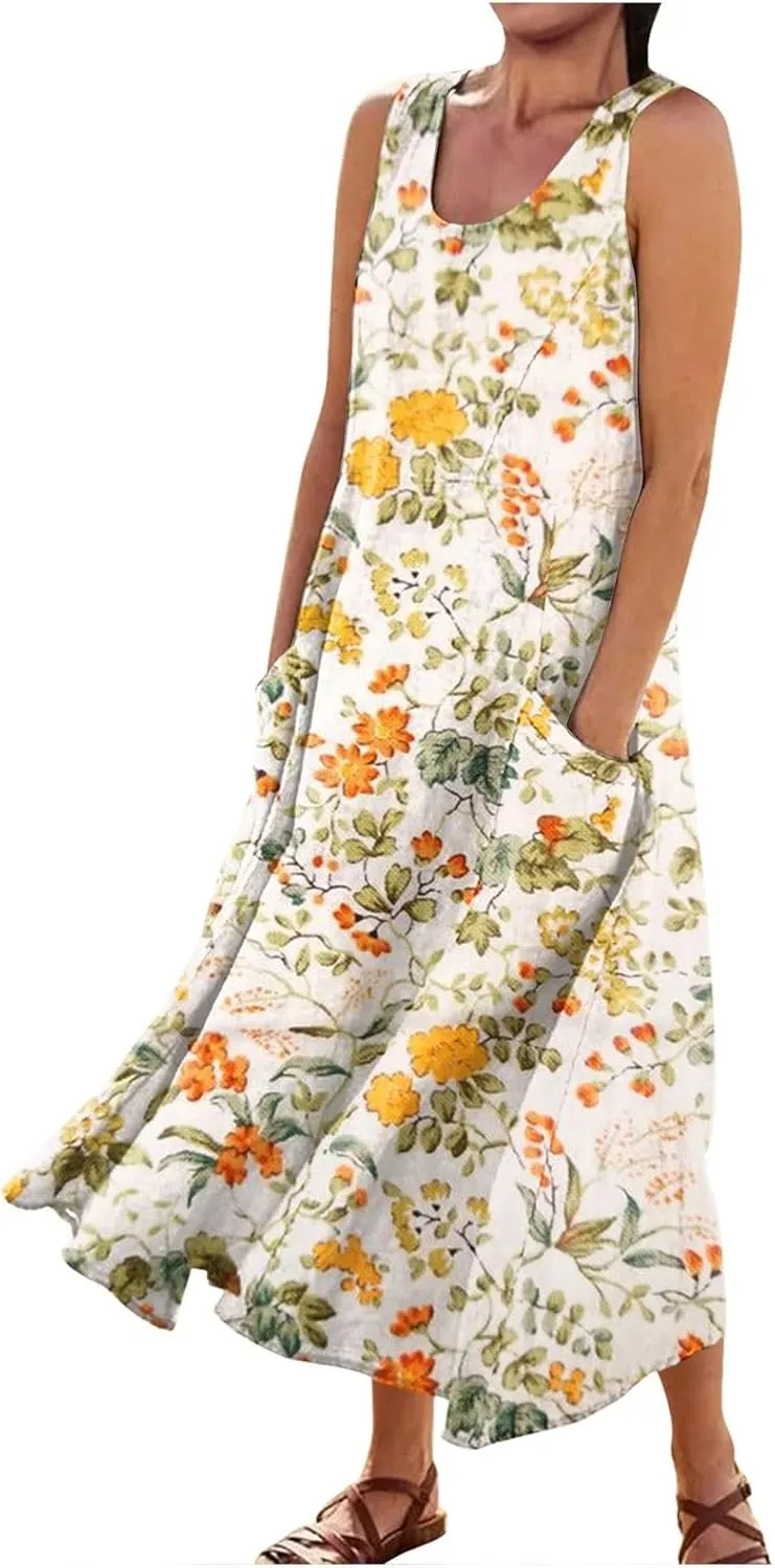 Summer Dresses 2024 Sleeveless Maxi Dress Round Neck Flowy Dress with Two Large Pockets Casual Sundresses for Women