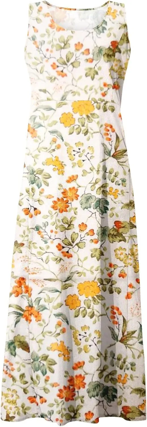 Summer Dresses 2024 Sleeveless Maxi Dress Round Neck Flowy Dress with Two Large Pockets Casual Sundresses for Women