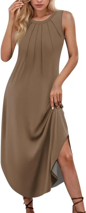 Summer Dresses for Women Loose Sundresses Prited Beach Tshirt Tank Dresses Casual Sleeveless Maxi Long Dress with Pockets