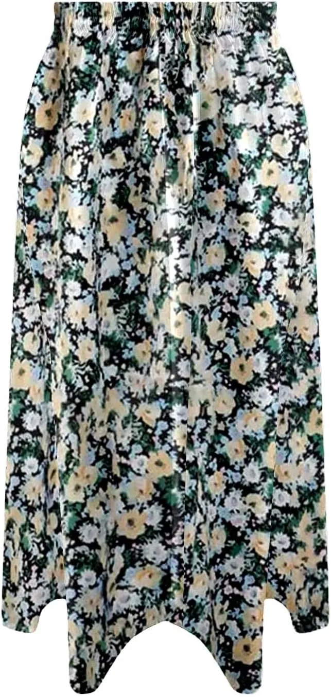 Summer Midi Skirt for Women Elastic Waist Flowy Floral Long Skirts Boho Vacation Beach A-Line Skirts 2025 Fashion