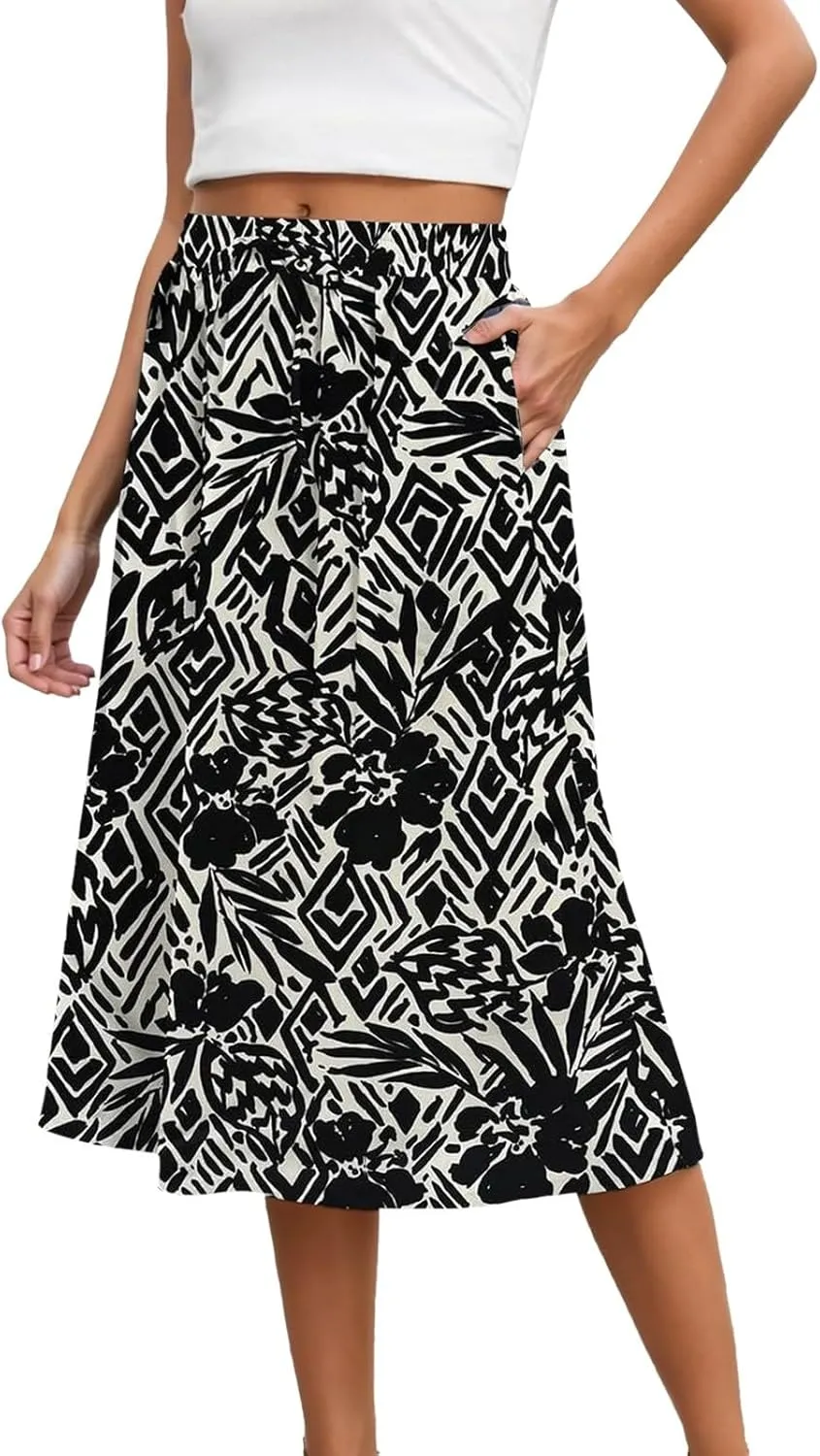 Summer Midi Skirt for Women Elastic Waist Flowy Floral Long Skirts Boho Vacation Beach A-Line Skirts 2025 Fashion
