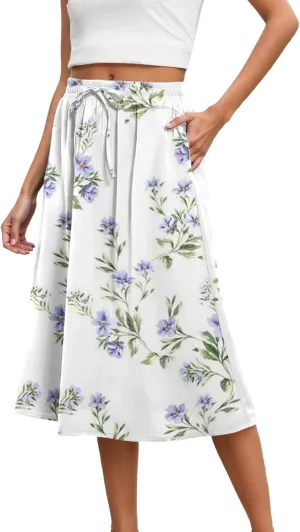 Summer Midi Skirt for Women Elastic Waist Flowy Floral Long Skirts Boho Vacation Beach A-Line Skirts 2025 Fashion