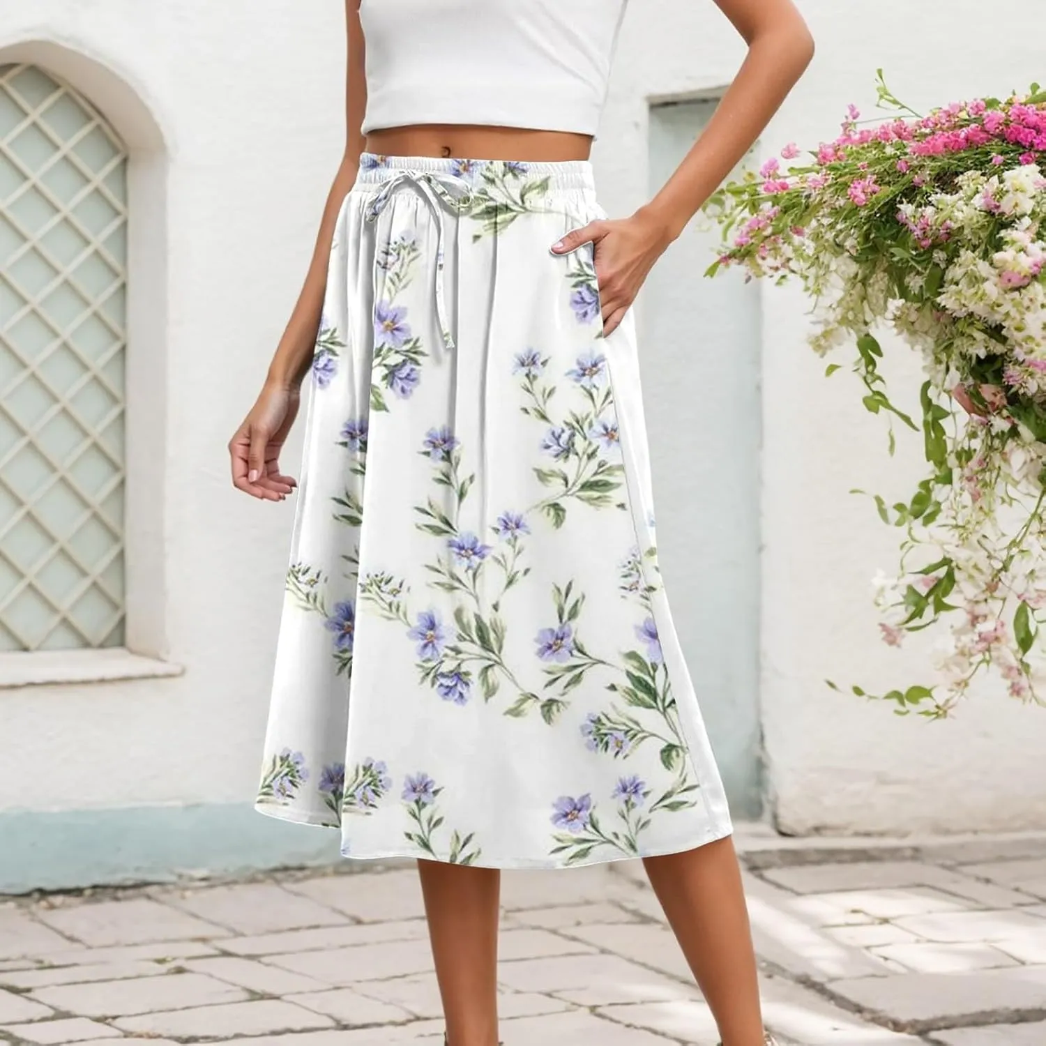 Summer Midi Skirt for Women Elastic Waist Flowy Floral Long Skirts Boho Vacation Beach A-Line Skirts 2025 Fashion