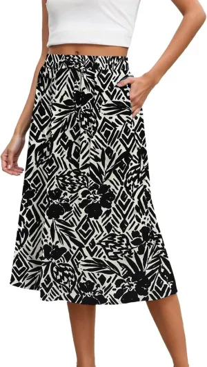 Summer Midi Skirt for Women Elastic Waist Flowy Floral Long Skirts Boho Vacation Beach A-Line Skirts 2025 Fashion