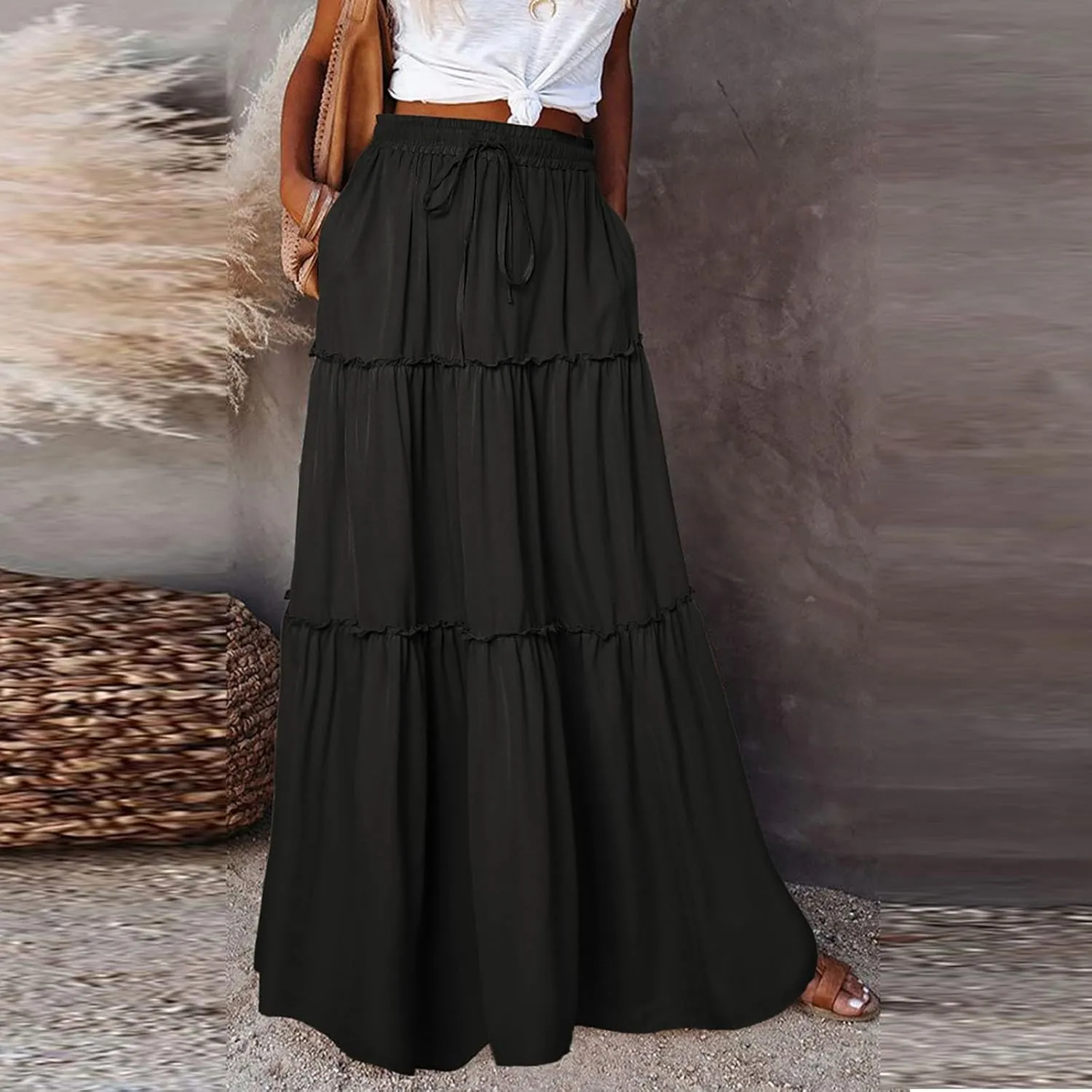 Summer Skirts for Women Flowy Maxi Skirt Drawstring High Waisted Pleated Tiered Aline Skirt Long Skirts with Pockets