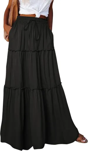 Summer Skirts for Women Flowy Maxi Skirt Drawstring High Waisted Pleated Tiered Aline Skirt Long Skirts with Pockets