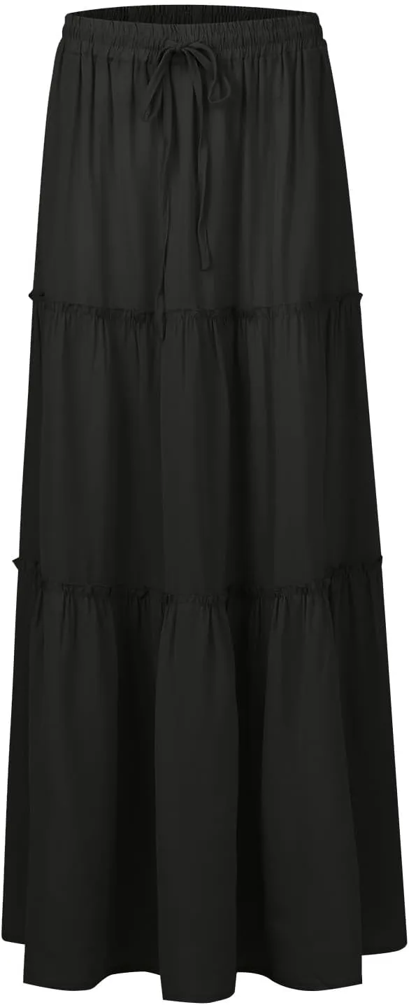 Summer Skirts for Women Flowy Maxi Skirt Drawstring High Waisted Pleated Tiered Aline Skirt Long Skirts with Pockets
