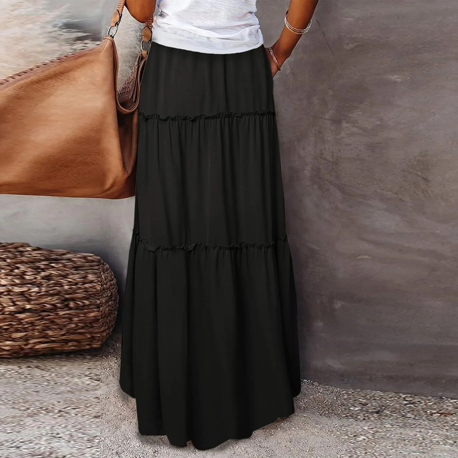 Summer Skirts for Women Flowy Maxi Skirt Drawstring High Waisted Pleated Tiered Aline Skirt Long Skirts with Pockets