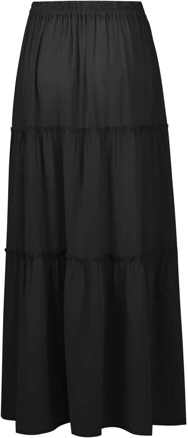Summer Skirts for Women Flowy Maxi Skirt Drawstring High Waisted Pleated Tiered Aline Skirt Long Skirts with Pockets