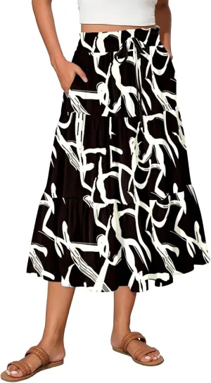Summer Skirts Women's Flared Ruffle Hem A Line Elastic Waist Skirts Elegant Tiered Layer Boho Maxi Skirt