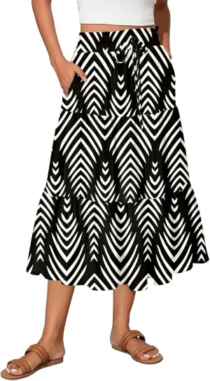 Summer Skirts Women's Flared Ruffle Hem A Line Elastic Waist Skirts Elegant Tiered Layer Boho Maxi Skirt